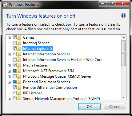 Отключение функций Internet Explorer в Windows 7