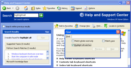 Панель поиска Windows XP, Справка и поддержка